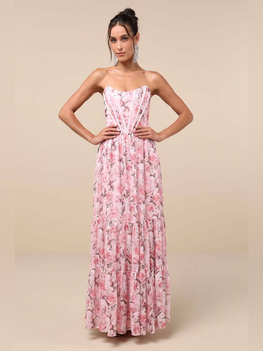 Lulu’s Special Moment Pink Floral Strapless Bustier Maxi Dress